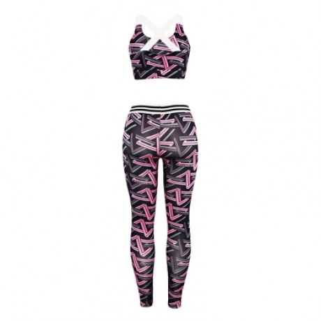 Trendy Print Round Neck Sleeveless Cross Strap Two-piece Women Yoga Sports Suit (NEON PINK