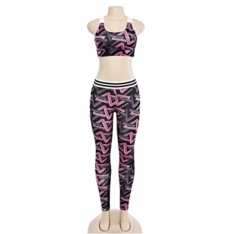 Trendy Print Round Neck Sleeveless Cross Strap Two-piece Women Yoga Sports Suit (NEON PINK