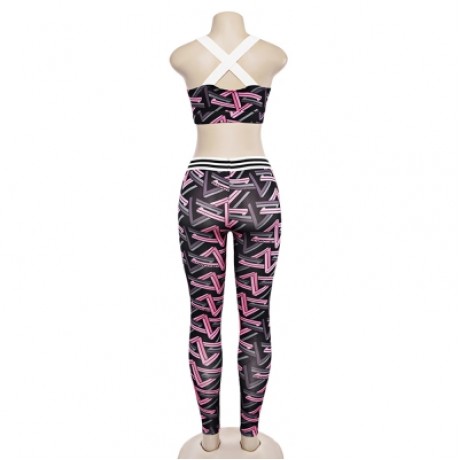 Trendy Print Round Neck Sleeveless Cross Strap Two-piece Women Yoga Sports Suit (NEON PINK