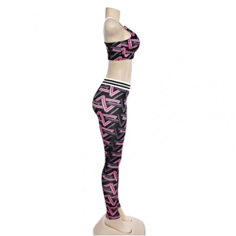 Trendy Print Round Neck Sleeveless Cross Strap Two-piece Women Yoga Sports Suit (NEON PINK