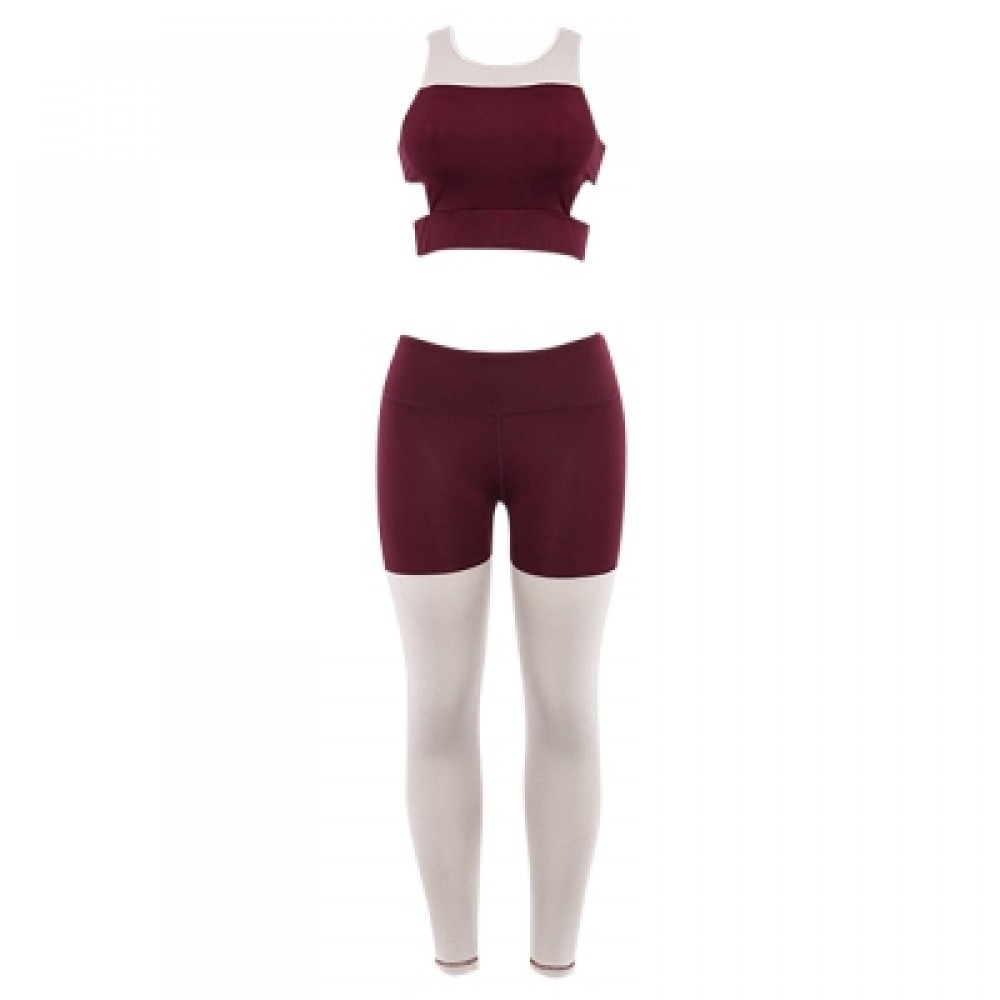 Round Collar Sleeveless Color Blocking Cut Out Yoga Women Sports Suit (RED WINE)