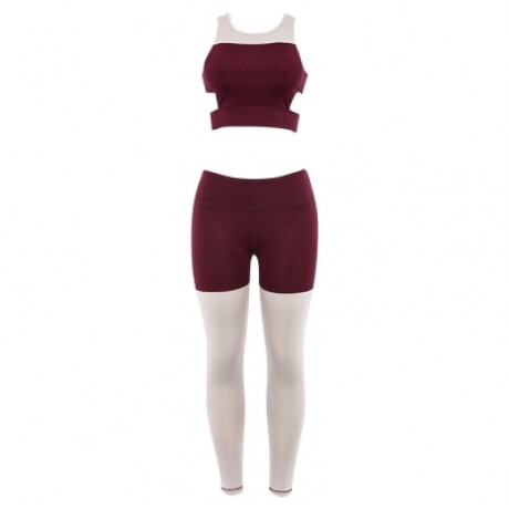 Round Collar Sleeveless Color Blocking Cut Out Yoga Women Sports Suit (RED WINE)