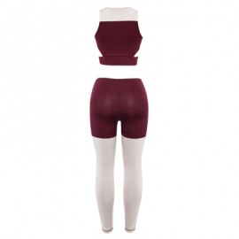Round Collar Sleeveless Color Blocking Cut Out Yoga Women Sports Suit (RED WINE)