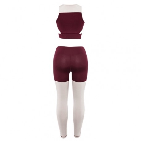 Round Collar Sleeveless Color Blocking Cut Out Yoga Women Sports Suit (RED WINE)