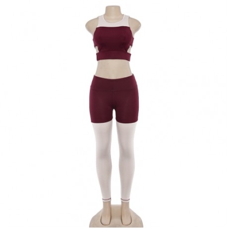 Round Collar Sleeveless Color Blocking Cut Out Yoga Women Sports Suit (RED WINE)