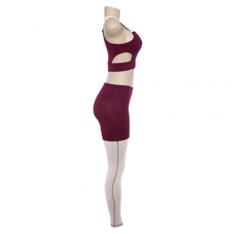 Round Collar Sleeveless Color Blocking Cut Out Yoga Women Sports Suit (RED WINE)