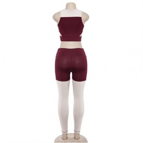 Round Collar Sleeveless Color Blocking Cut Out Yoga Women Sports Suit (RED WINE)