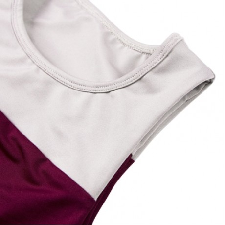 Round Collar Sleeveless Color Blocking Cut Out Yoga Women Sports Suit (RED WINE)