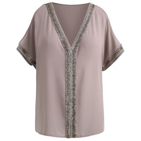 Plus Size Semi Sheer Sequin Embellished Blouse (LIGHT COFFEE)