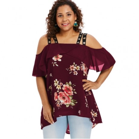 Plus Size Ruffle Floral High Low Blouse (RED WINE)