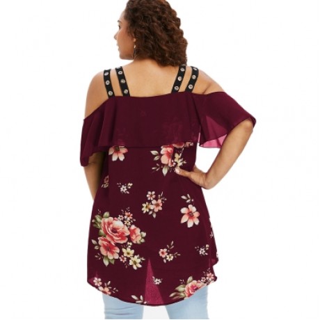Plus Size Ruffle Floral High Low Blouse (RED WINE)