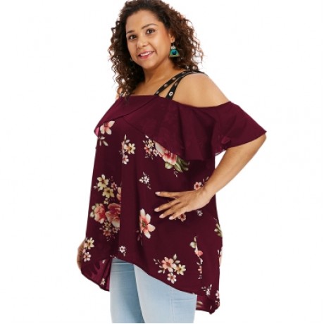 Plus Size Ruffle Floral High Low Blouse (RED WINE)