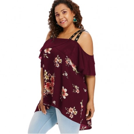 Plus Size Ruffle Floral High Low Blouse (RED WINE)