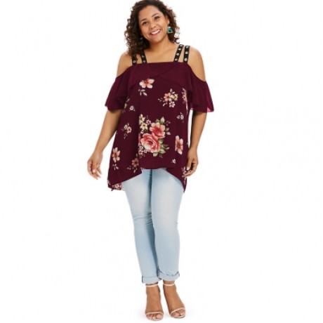 Plus Size Ruffle Floral High Low Blouse (RED WINE)