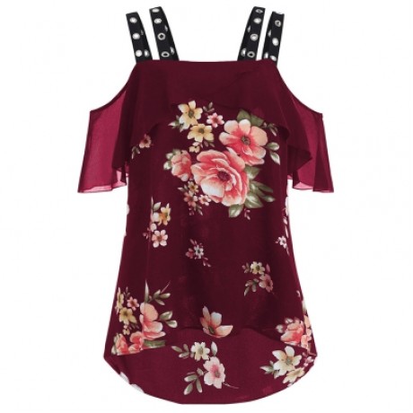 Plus Size Ruffle Floral High Low Blouse (RED WINE)