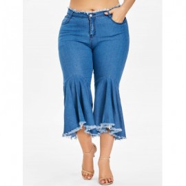 Plus Size Ruffle Frayed Hem Jeans (DENIM DARK BLUE)