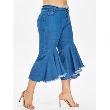Plus Size Ruffle Frayed Hem Jeans (DENIM DARK BLUE)
