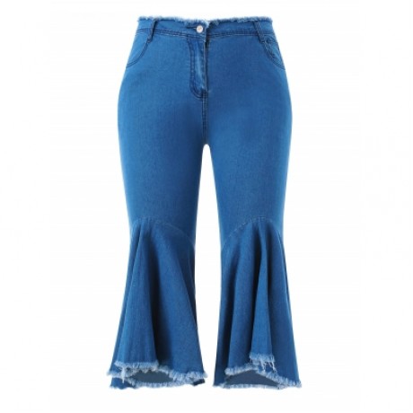 Plus Size Ruffle Frayed Hem Jeans (DENIM DARK BLUE)