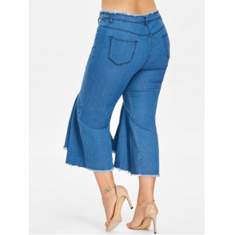 Plus Size Ruffle Frayed Hem Jeans (DENIM DARK BLUE)