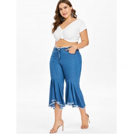 Plus Size Ruffle Frayed Hem Jeans (DENIM DARK BLUE)