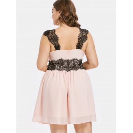 Plus Size Lace Trim Sleeveless Dress (PINK BUBBLEGUM)