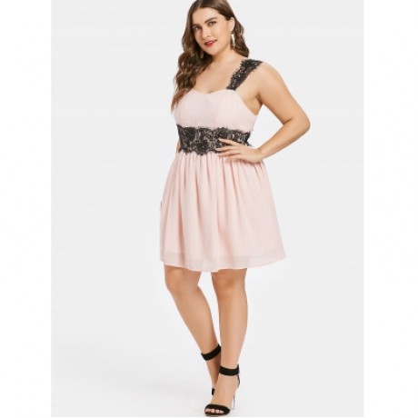 Plus Size Lace Trim Sleeveless Dress (PINK BUBBLEGUM)