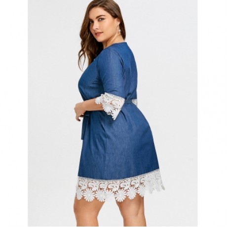 Plus Size Lace Trim Casual Dress (DENIM BLUE)