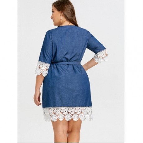 Plus Size Lace Trim Casual Dress (DENIM BLUE)