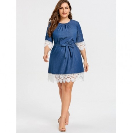 Plus Size Lace Trim Casual Dress (DENIM BLUE)