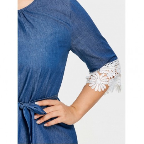 Plus Size Lace Trim Casual Dress (DENIM BLUE)