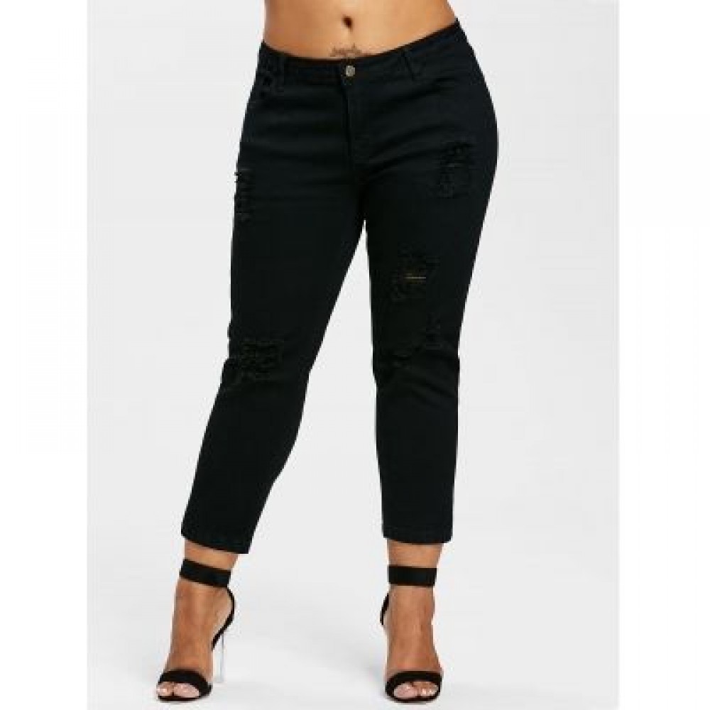 Plus Size Frayed Ankle Jeans (BLACK)