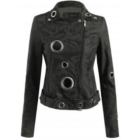 Oblique Zipper Ring Faux Leather Jacket (ACU CAMOUFLAGE)