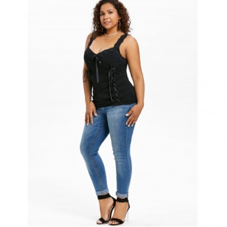 Plus Size Retro Lace Up Tank Top (BLACK)