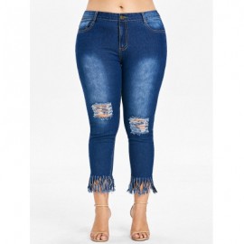 Plus Size Fringe Hem Ripped Jeans (DENIM DARK BLUE)