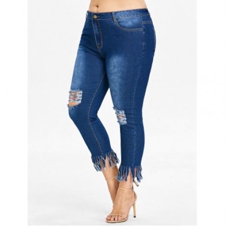 Plus Size Fringe Hem Ripped Jeans (DENIM DARK BLUE)