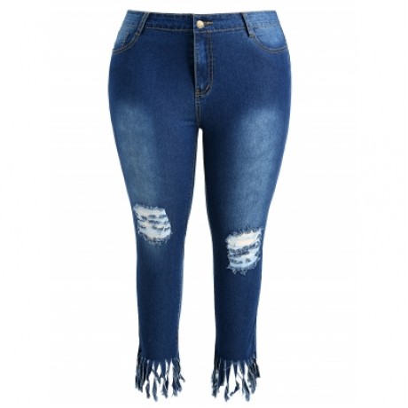 Plus Size Fringe Hem Ripped Jeans (DENIM DARK BLUE)