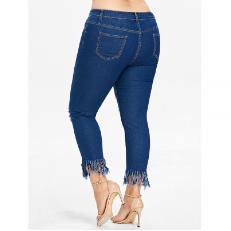 Plus Size Fringe Hem Ripped Jeans (DENIM DARK BLUE)