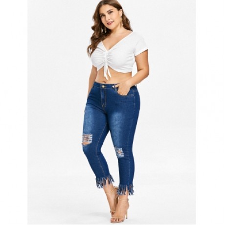 Plus Size Fringe Hem Ripped Jeans (DENIM DARK BLUE)