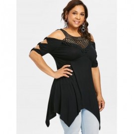 Plus Size Open Shoulder Handkerchief T-shirt (BLACK)