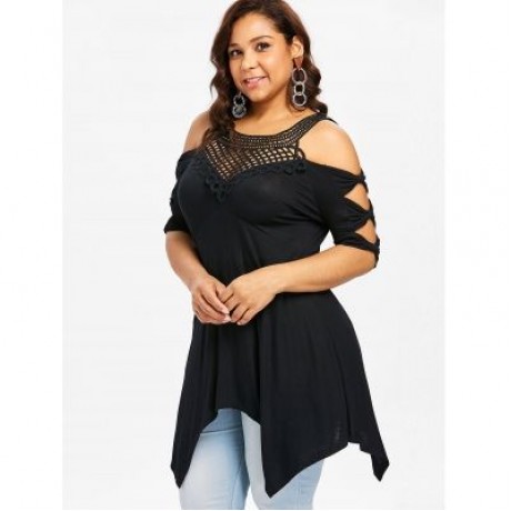 Plus Size Open Shoulder Handkerchief T-shirt (BLACK)