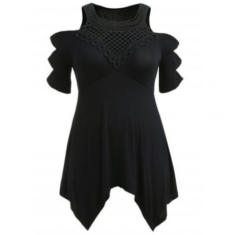 Plus Size Open Shoulder Handkerchief T-shirt (BLACK)