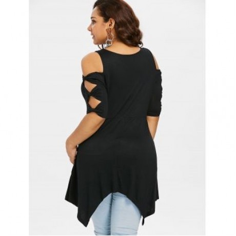 Plus Size Open Shoulder Handkerchief T-shirt (BLACK)