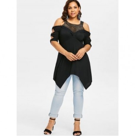 Plus Size Open Shoulder Handkerchief T-shirt (BLACK)