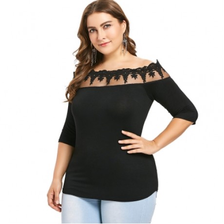 Plus Size Off The Shoulder Scalloped T-shirt (BLACK)