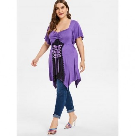 Plus Size Lace Up Handkerchief T-shirt (MEDIUM PURPLE)