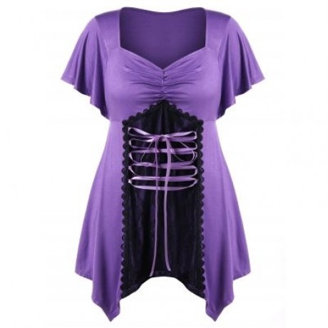 Plus Size Lace Up Handkerchief T-shirt (MEDIUM PURPLE)
