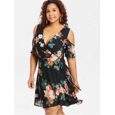 Plus Size Floral Overlap Surplice Dress (BLACK)