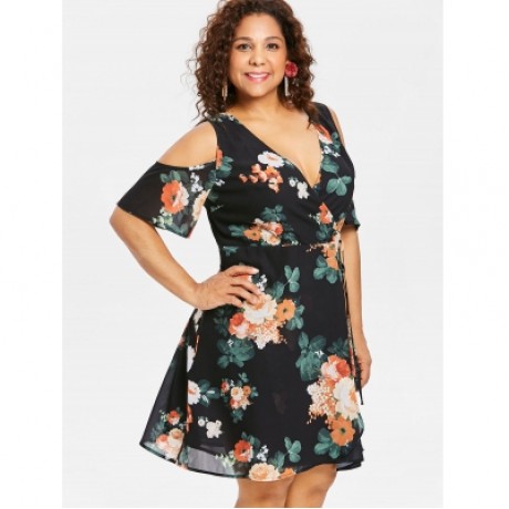 Plus Size Floral Overlap Surplice Dress (BLACK)