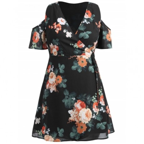 Plus Size Floral Overlap Surplice Dress (BLACK)