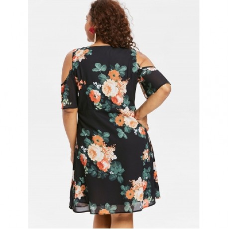 Plus Size Floral Overlap Surplice Dress (BLACK)